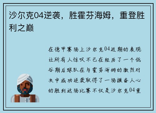 沙尔克04逆袭，胜霍芬海姆，重登胜利之巅