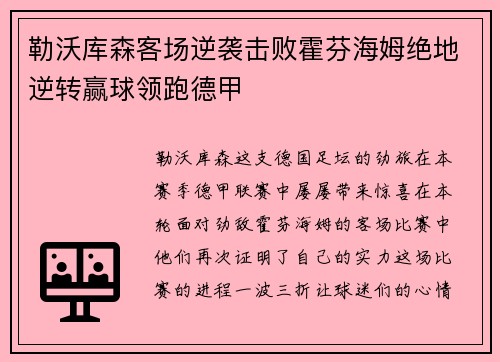 勒沃库森客场逆袭击败霍芬海姆绝地逆转赢球领跑德甲