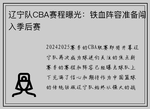 辽宁队CBA赛程曝光：铁血阵容准备闯入季后赛