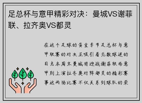 足总杯与意甲精彩对决：曼城VS谢菲联、拉齐奥VS都灵